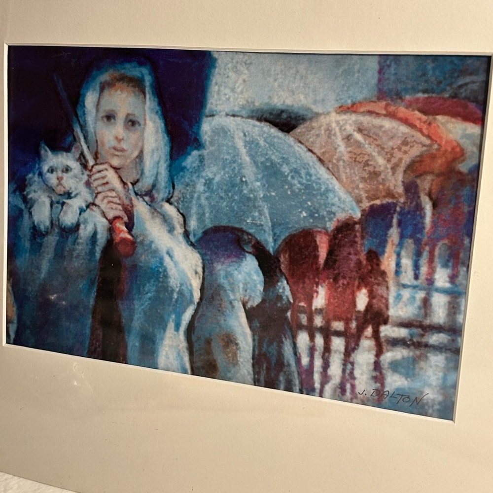Vintage cat art print Jean Dalton Girl with Umbrella in Rain 16x12 with Mat  90s